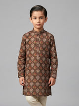 Dark brown printed cotton silk kurta