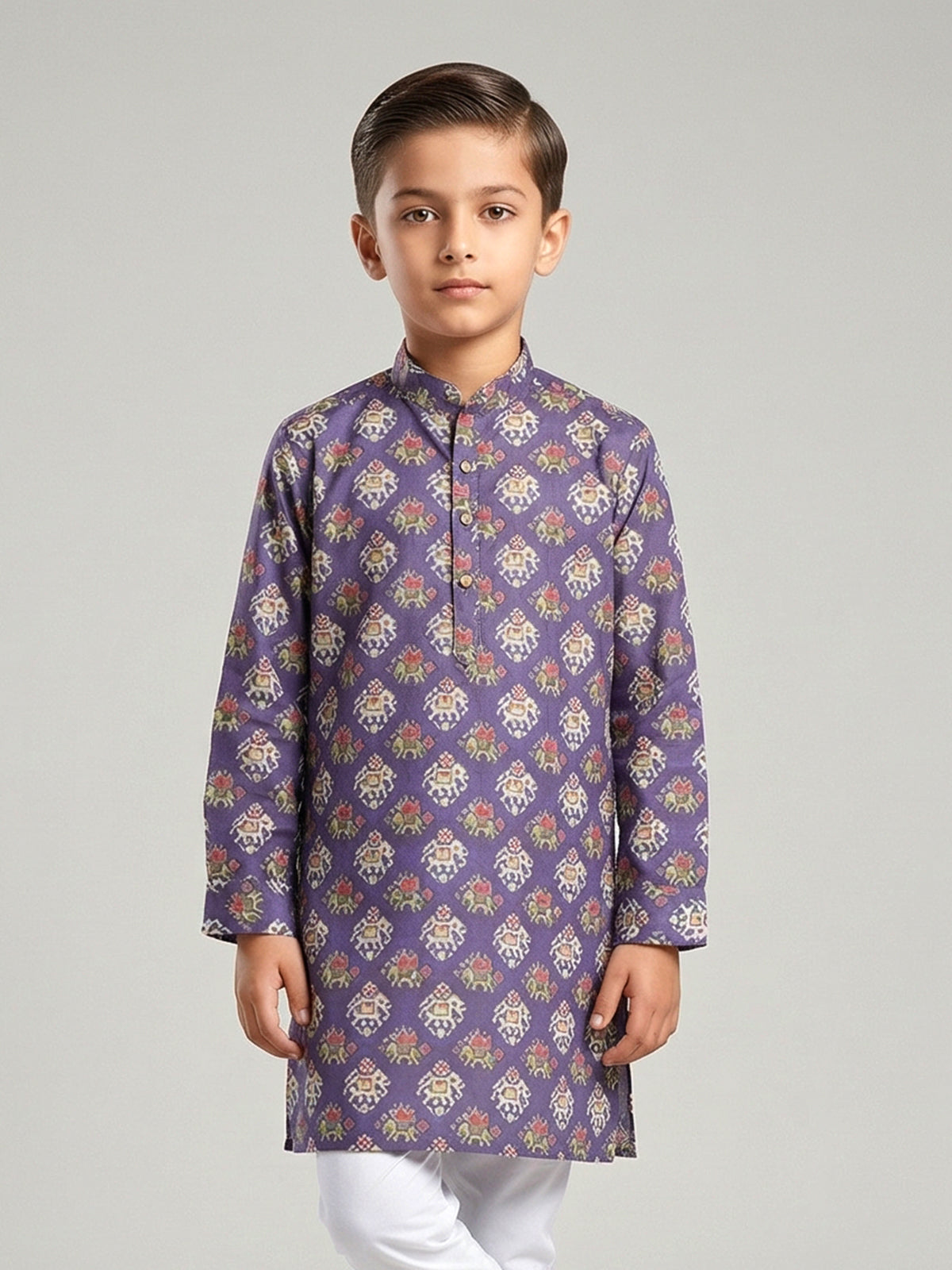 Purple printed cotton silk kurta for festive wear