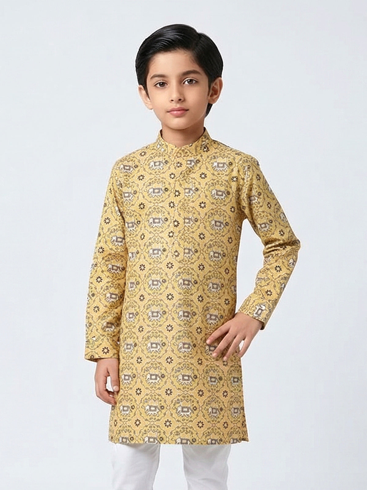 Bright yellow printed cotton silk kurta