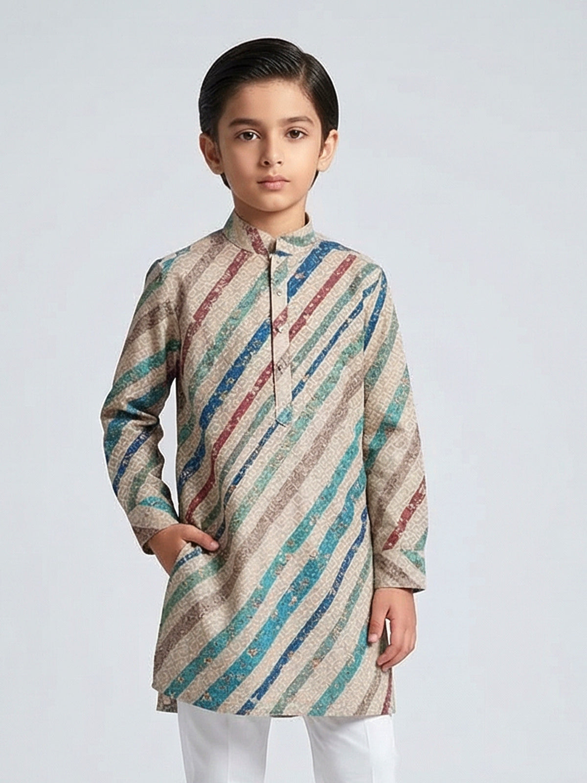 Beige and blue cotton silk kurta