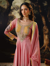 Pink silk embroidered anarkali suit with mirror work