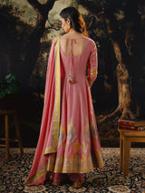 Pink silk embroidered anarkali suit with mirror work