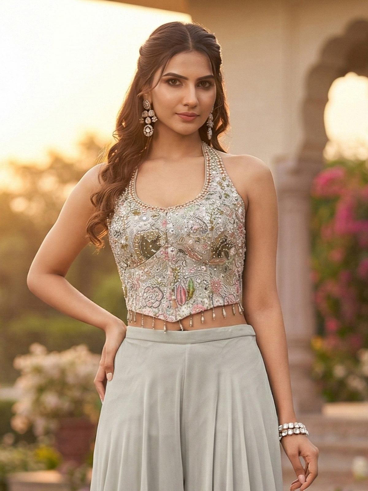 Grey georgette suit with stone and cutdana work