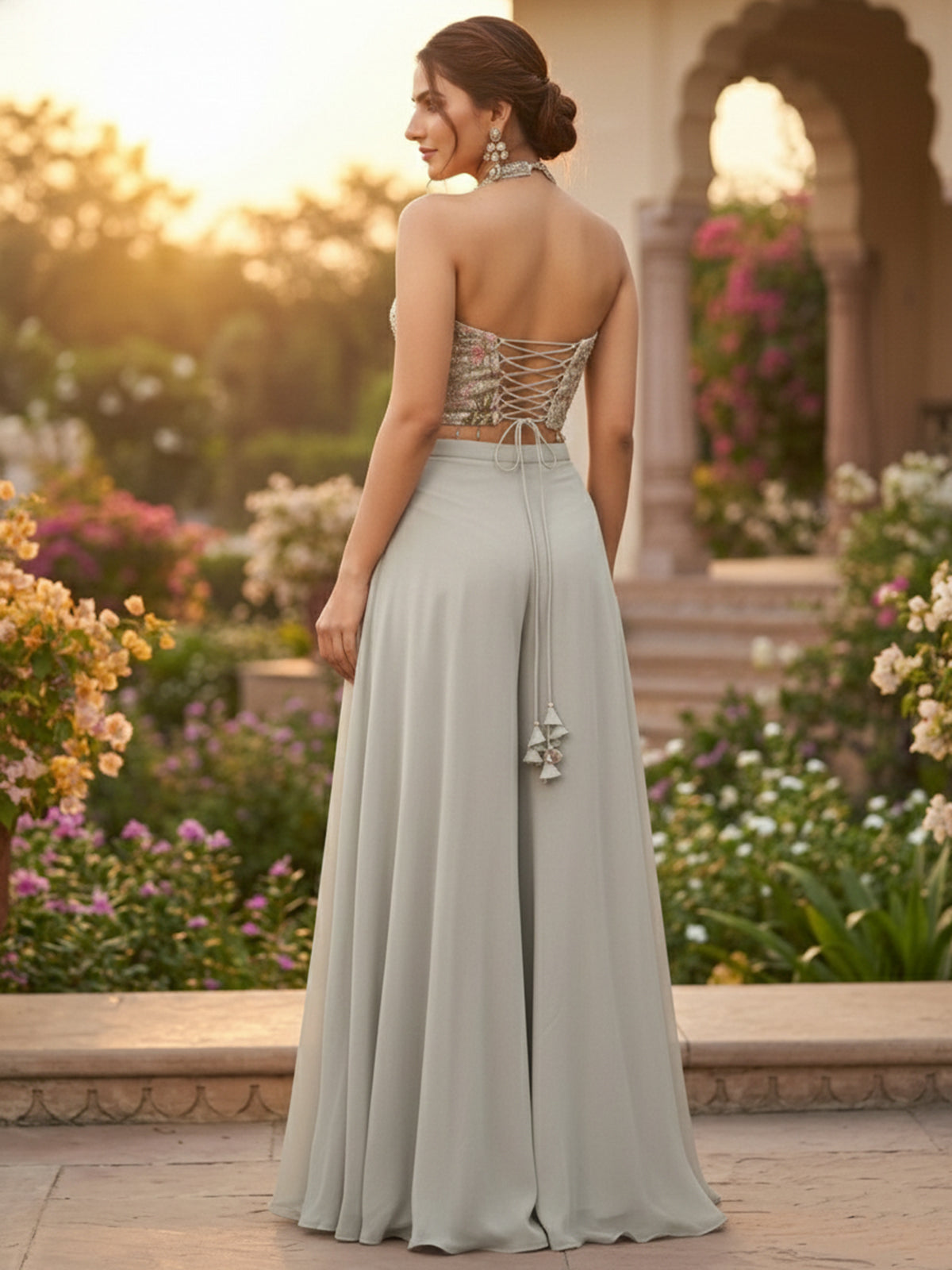Grey georgette suit with stone and cutdana work