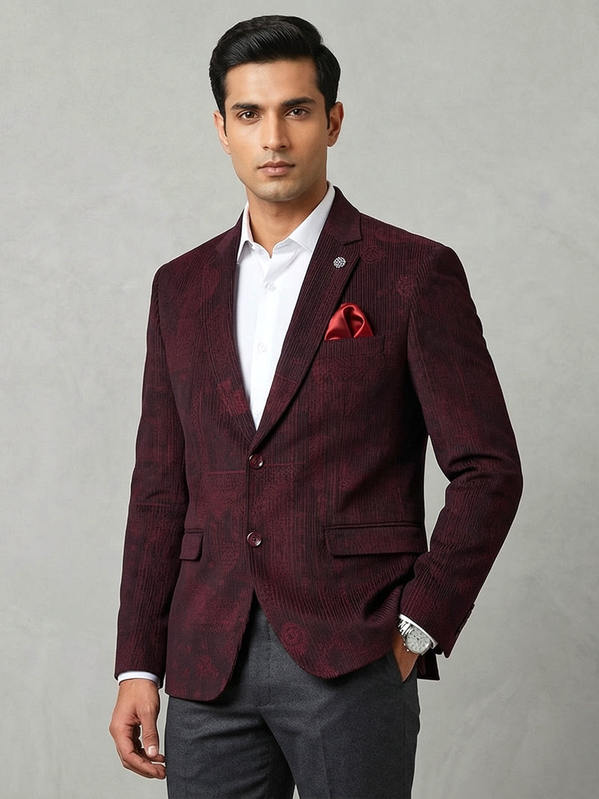 Printed maroon cotton blazer for men