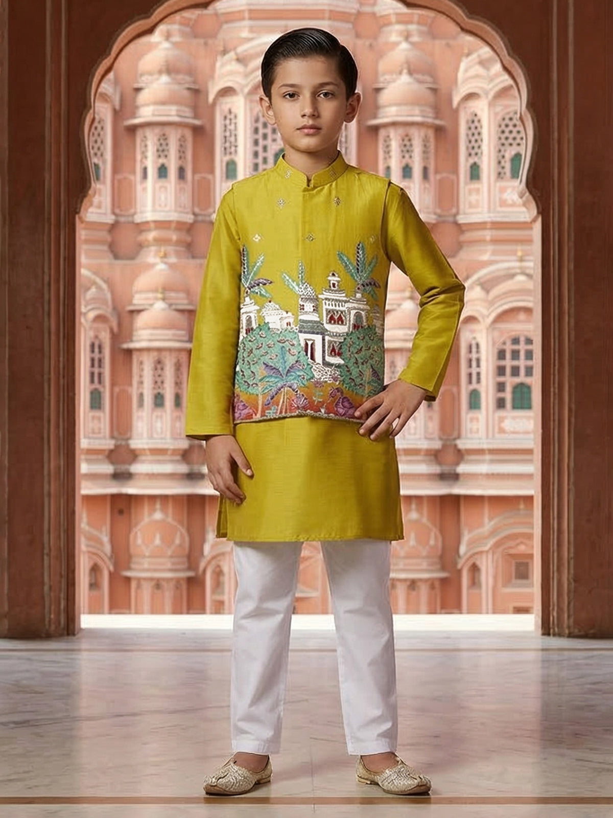 Yellow silk waistcoat set for wedding celebration