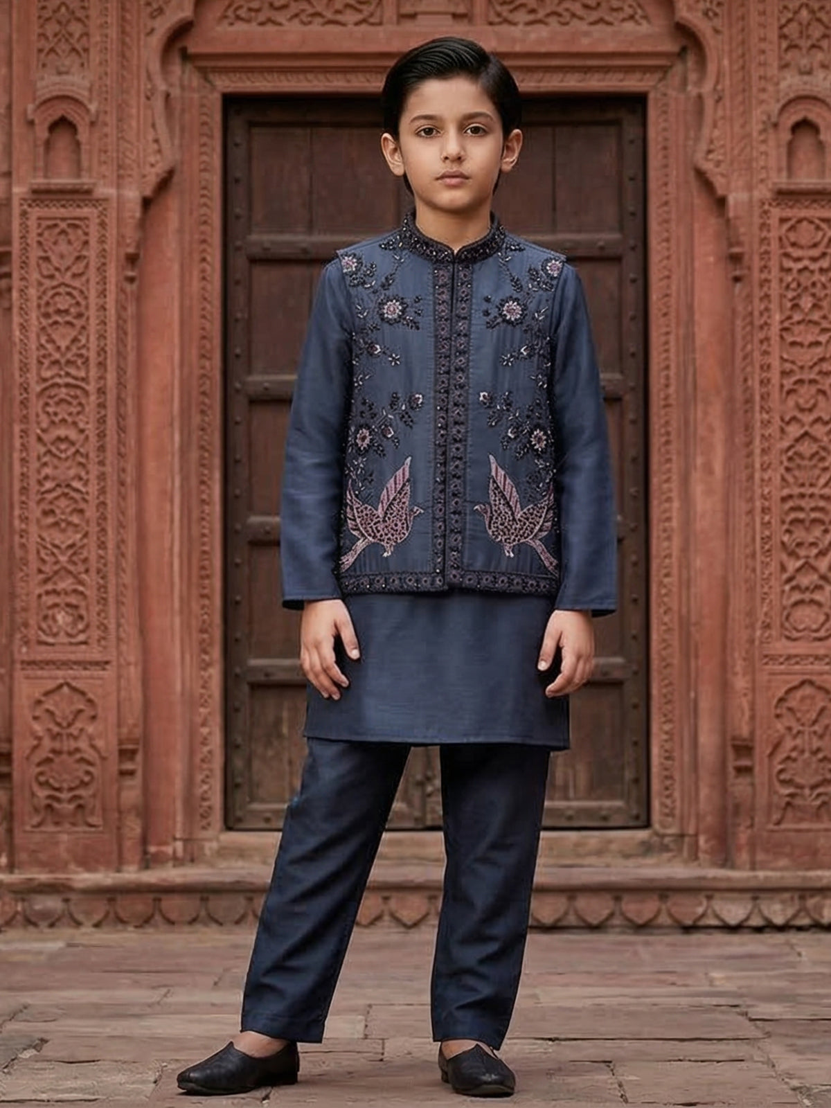 Charcoal black cotton silk waistcoat set for reception