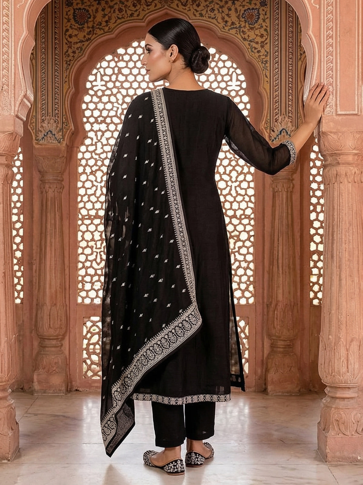 Black silk embroidered anarkali suit with dupatta