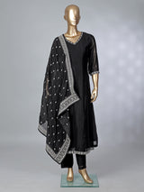 Black silk embroidered anarkali suit with dupatta