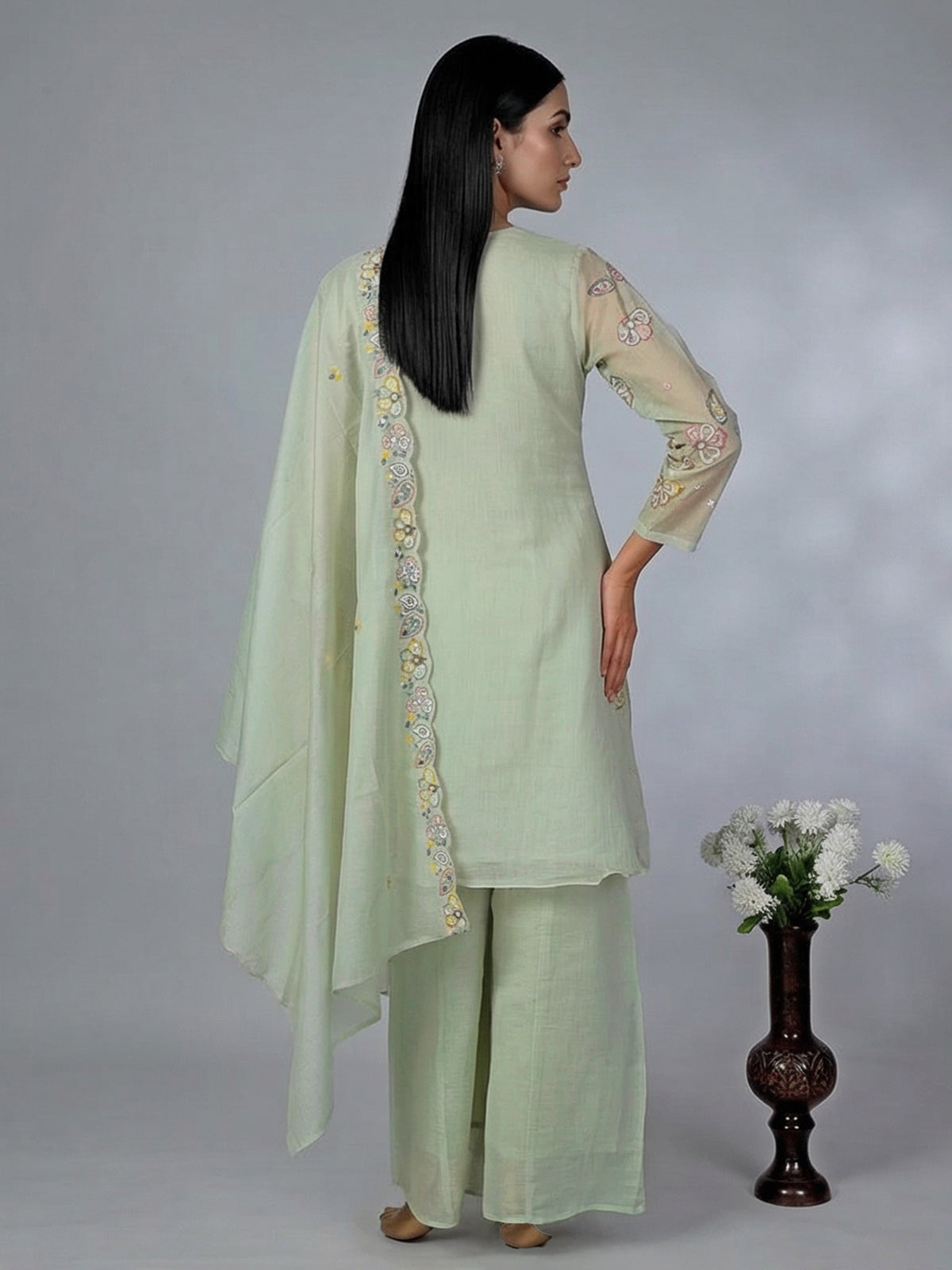 Pista green chiffon linen embroidered palazzo suit with dupatta