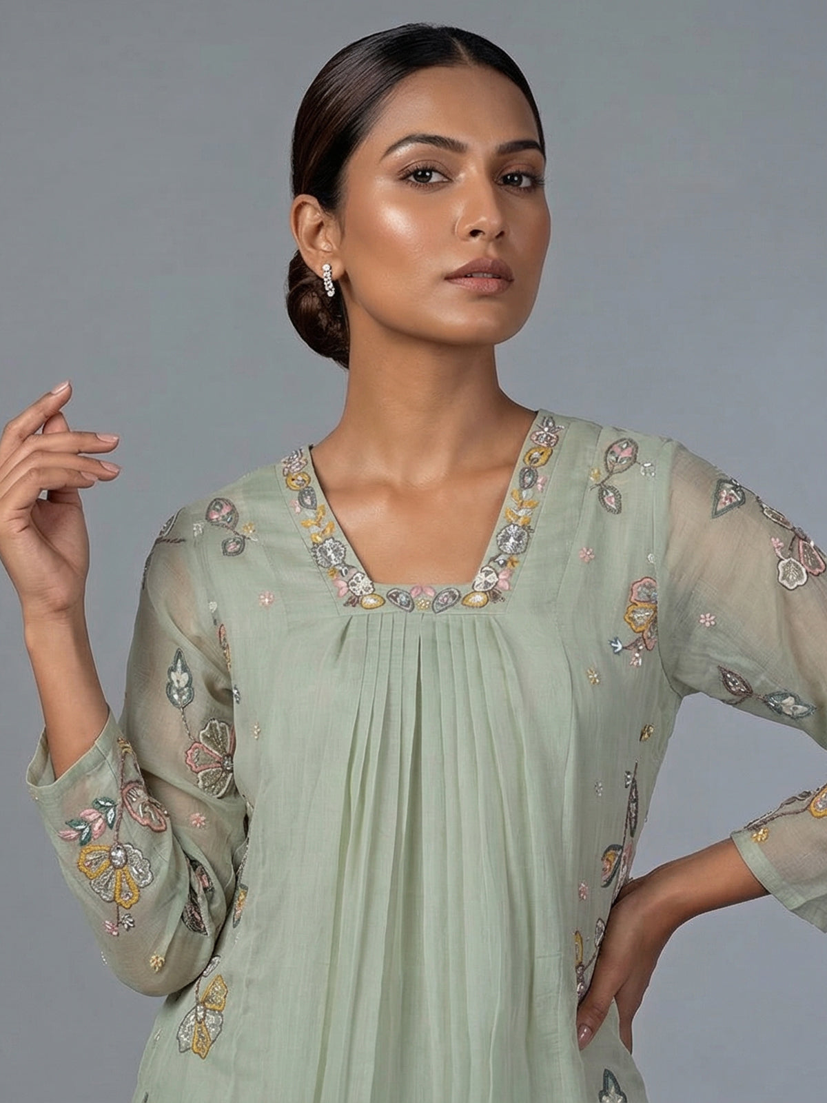 Pista green chiffon linen embroidered palazzo suit with dupatta