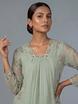Pista green chiffon linen embroidered palazzo suit with dupatta