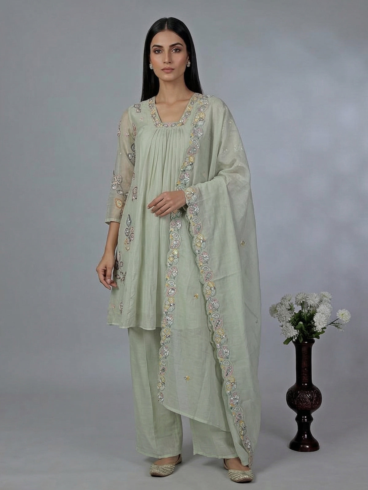Pista green chiffon linen embroidered palazzo suit with dupatta