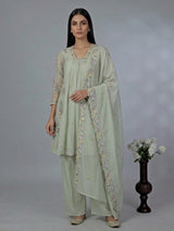 Pista green chiffon linen embroidered palazzo suit with dupatta
