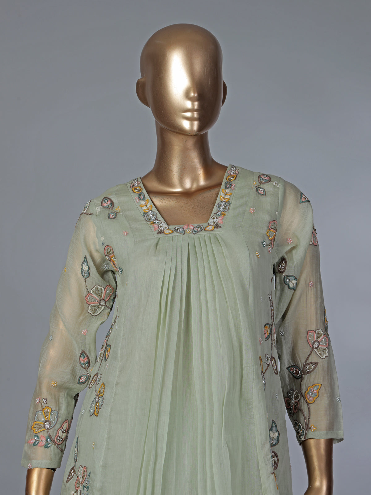 Pista green chiffon linen embroidered palazzo suit with dupatta