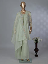 Pista green chiffon linen embroidered palazzo suit with dupatta