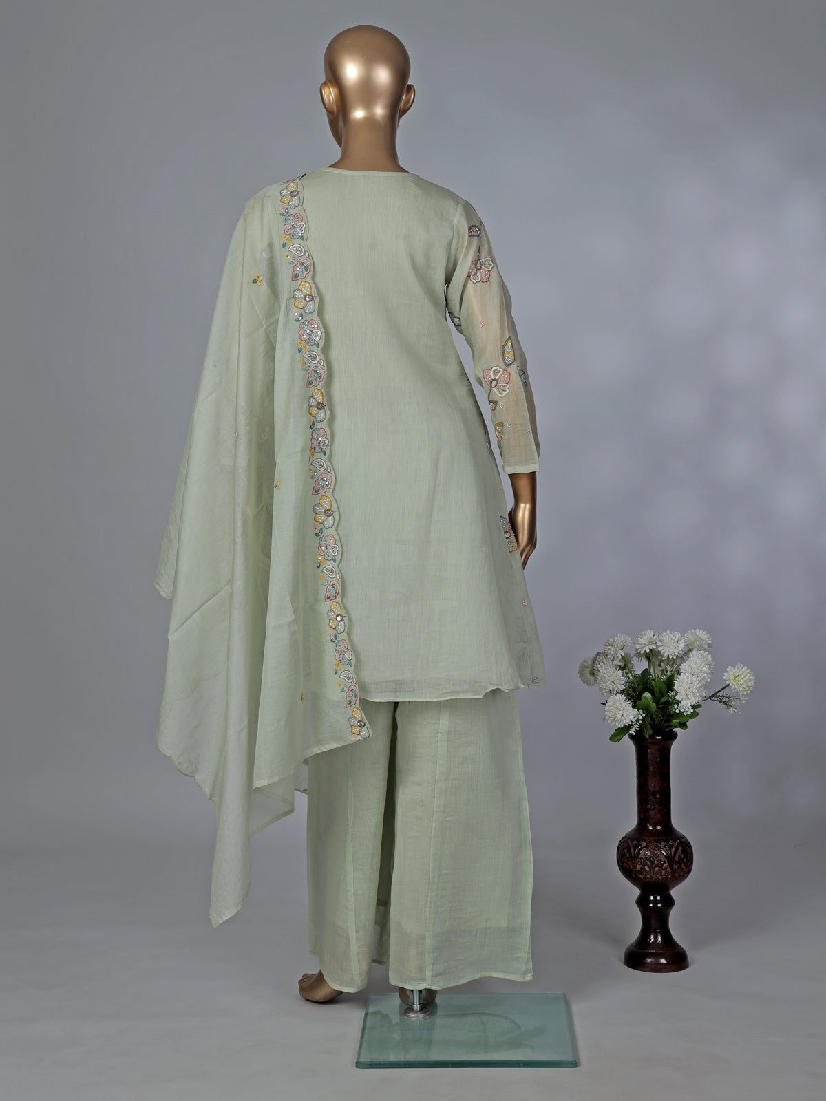 Pista green chiffon linen embroidered palazzo suit with dupatta