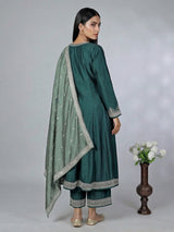 Peacock green silk embroidered palazzo suit with dupatta