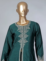 Peacock green silk embroidered palazzo suit with dupatta