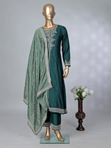 Peacock green silk embroidered palazzo suit with dupatta