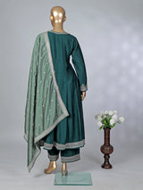 Peacock green silk embroidered palazzo suit with dupatta