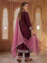 Wine silk embroidered festive palazzo suit with contrast dupatta