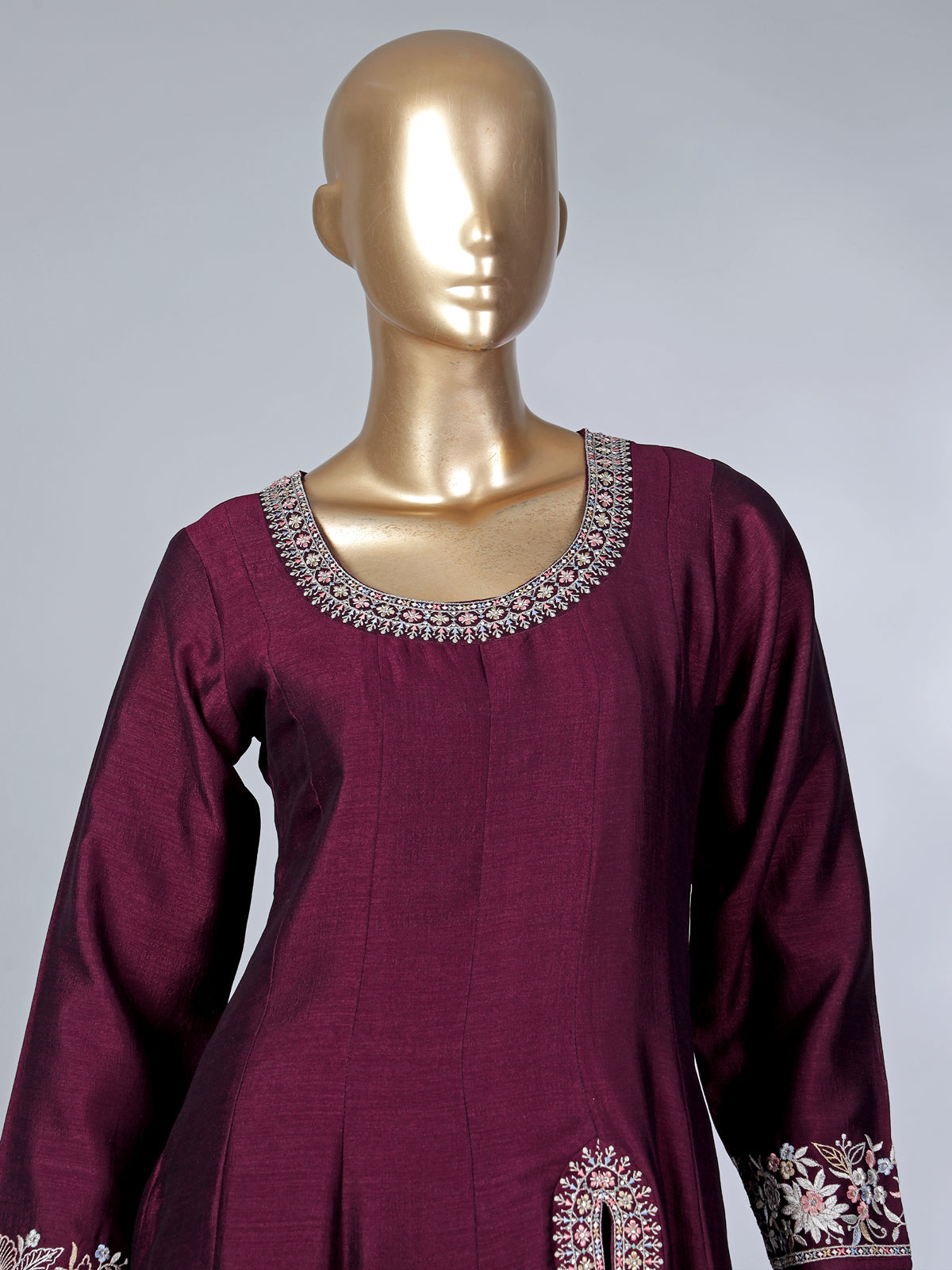 Wine silk embroidered festive palazzo suit with contrast dupatta