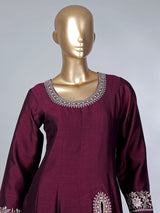 Wine silk embroidered festive palazzo suit with contrast dupatta