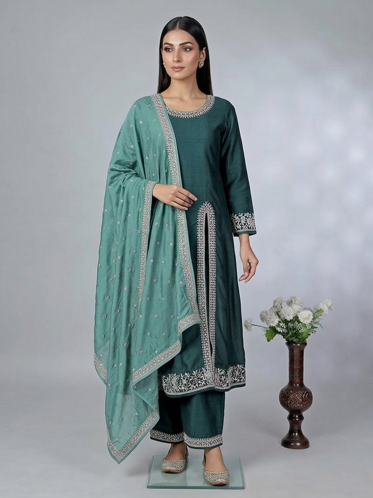 Green silk embroidered festive palazzo suit with contrast dupatta