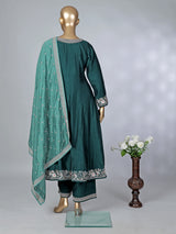 Green silk embroidered festive palazzo suit with contrast dupatta