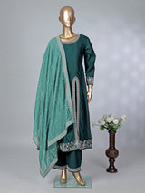 Green silk embroidered festive palazzo suit with contrast dupatta