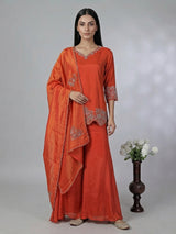 Rust orange chiffon silk embellished palazzo festive suit