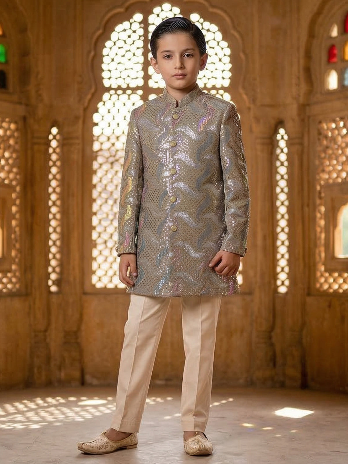 Light olive printed cotton indowestern set