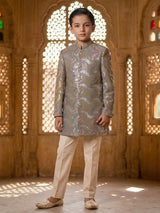 Light olive printed cotton indowestern set