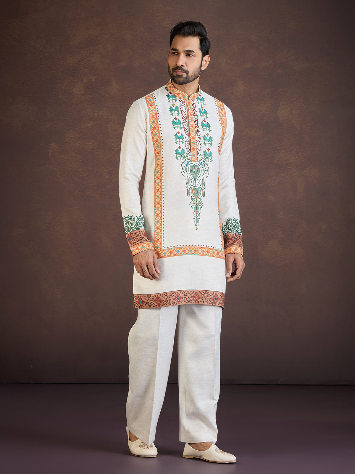 Off white printed soft linen kurta suit
