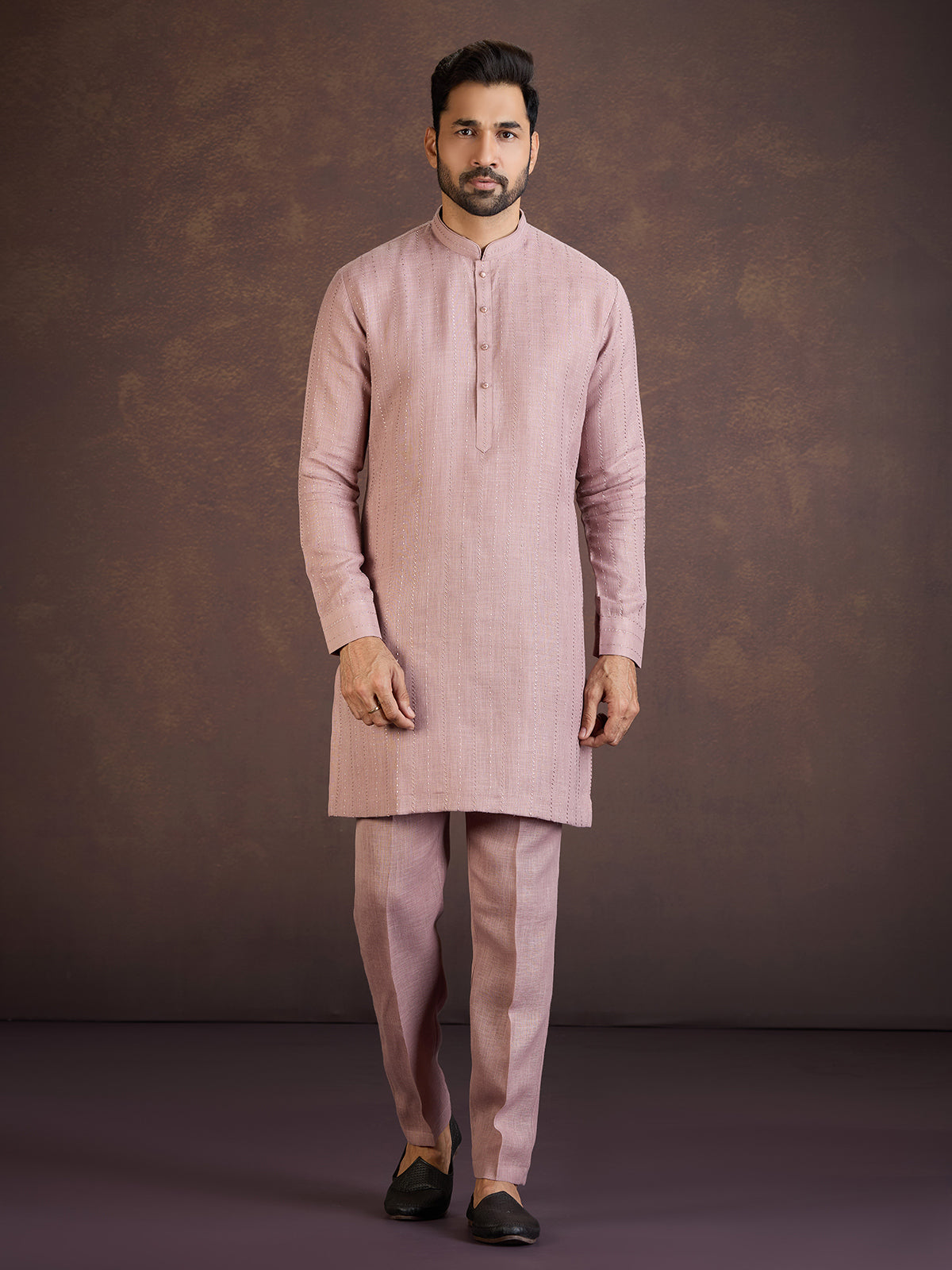 Onion pink cotton linen kurta suit with thread detailing