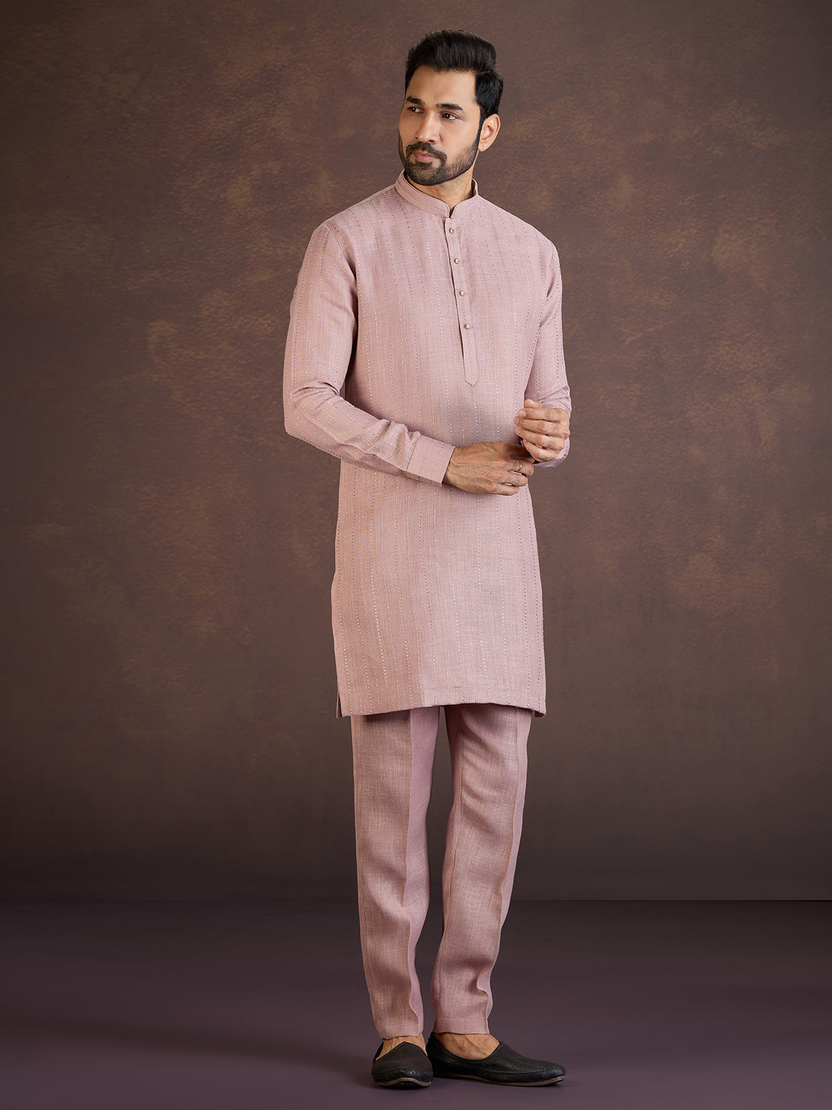 Onion pink cotton linen kurta suit with thread detailing