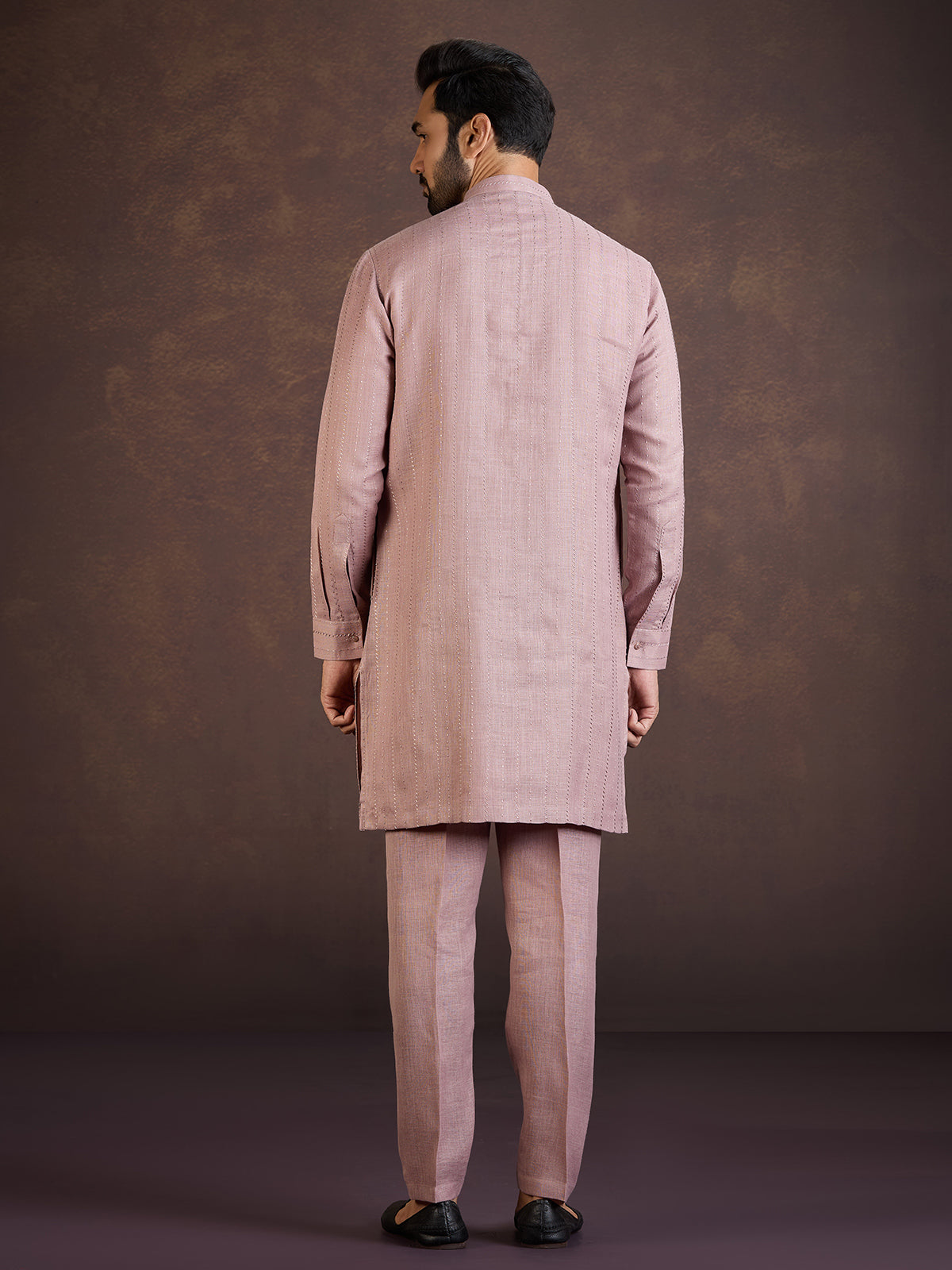 Onion pink cotton linen kurta suit with thread detailing