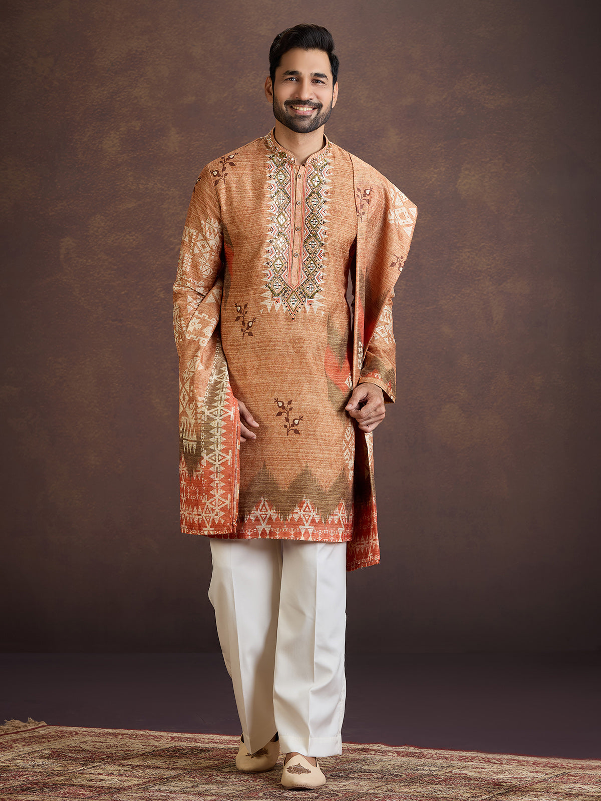 Rust orange printed silk kurta suit with dupatta