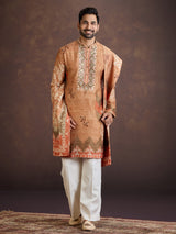 Rust orange printed silk kurta suit with dupatta