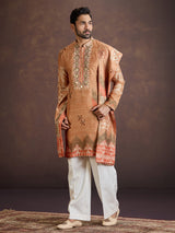 Rust orange printed silk kurta suit with dupatta