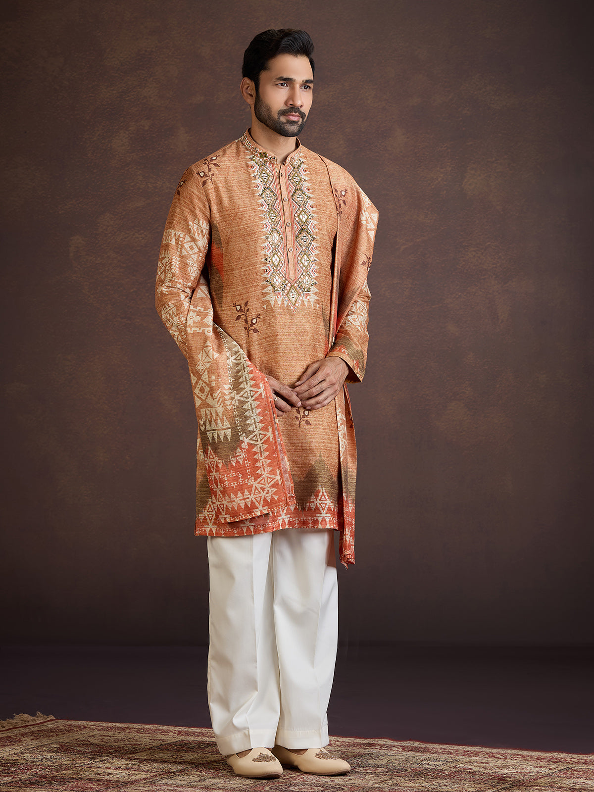 Rust orange printed silk kurta suit with dupatta
