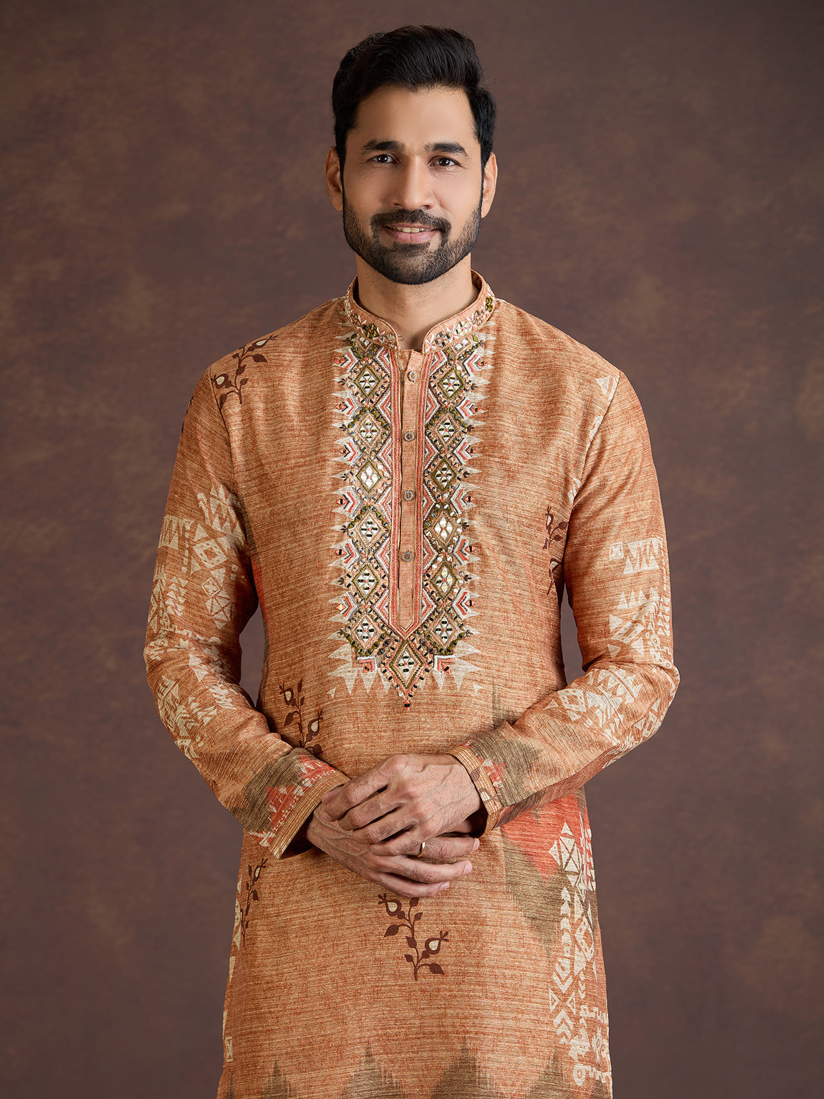 Rust orange printed silk kurta suit with dupatta