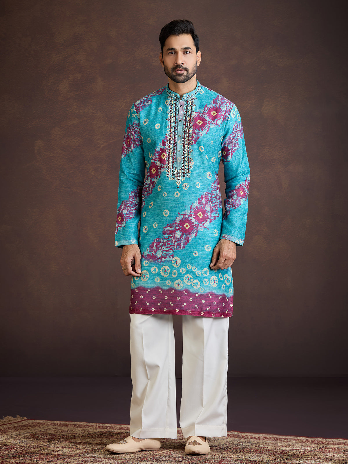 Turquoise blue thread worked silk kurta suit with dupatta