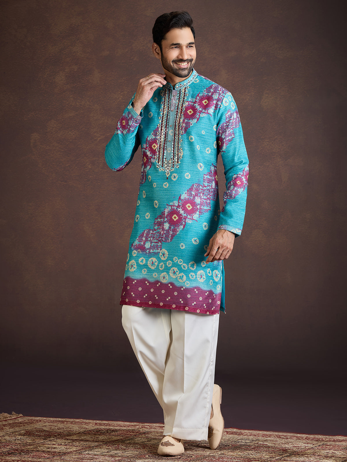 Turquoise blue thread worked silk kurta suit with dupatta