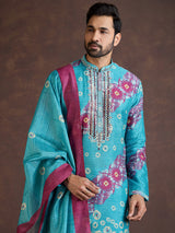 Turquoise blue thread worked silk kurta suit with dupatta