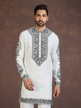 White viscose blend kurta suit with contrast thread work