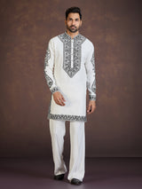 White viscose blend kurta suit with contrast thread work