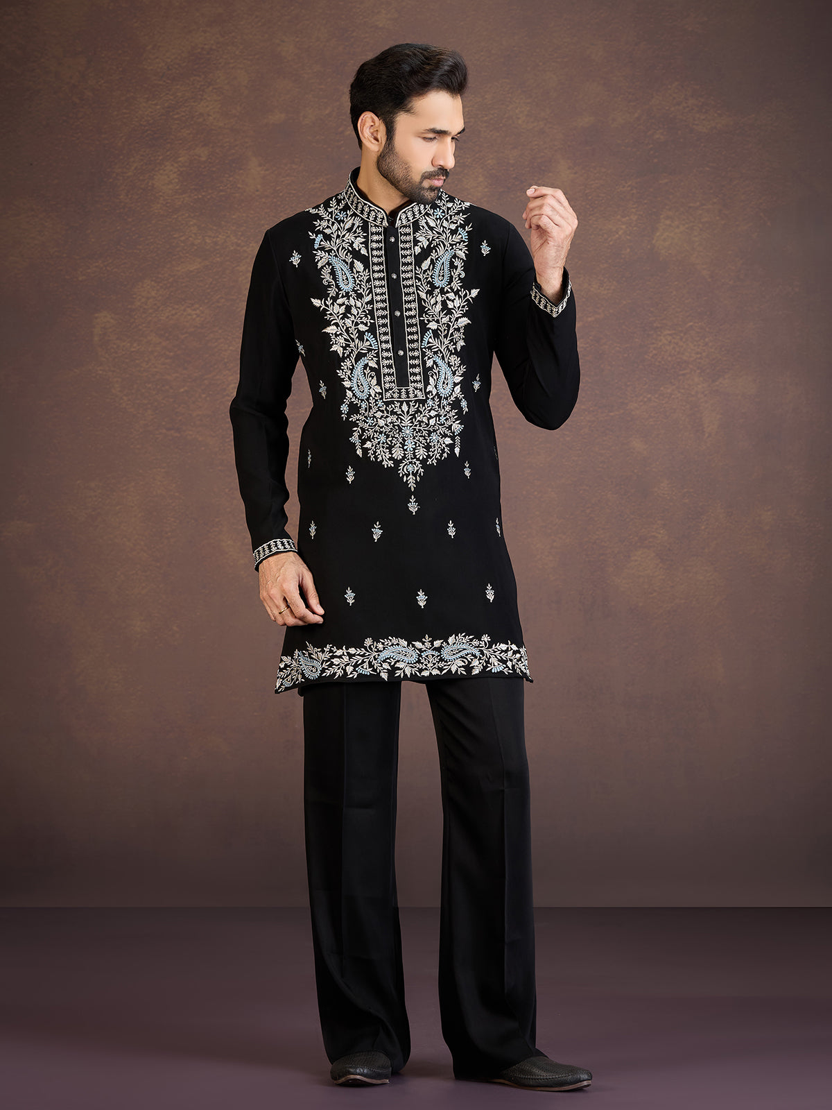 Black embroidered viscose blend kurta suit for reception