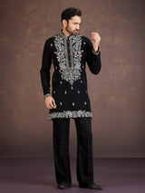 Black embroidered viscose blend kurta suit for reception